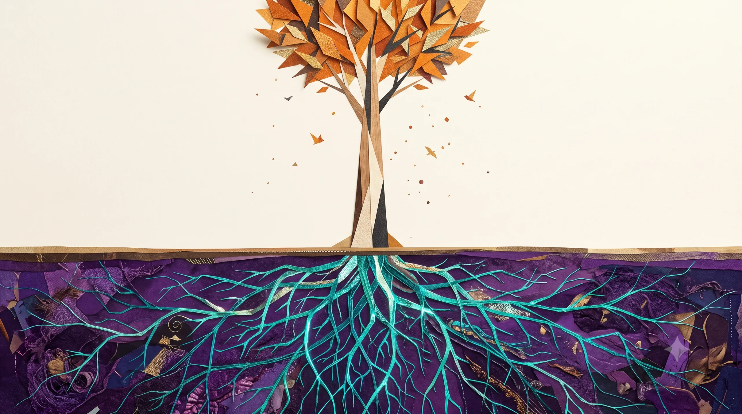 Ilustração em colagem minimalista de uma árvore com folhas geométricas laranjas na superfície e uma complexa rede subterrânea de raízes brilhantes em ciano sobre solo roxo profundo, representando a engenharia oculta para desenvolver mentalidade de sucesso com hipnose e flow.