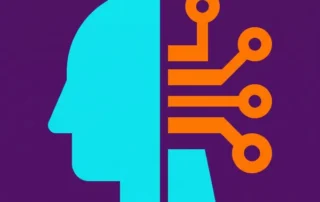 Ícone com fundo roxo escuro mostrando a silhueta em perfil de uma cabeça humana na cor ciano integrada a circuitos eletrônicos e caminhos de conexões na cor laranja, simbolizando inteligência artificial, neurolinguística e processos mentais tecnológicos