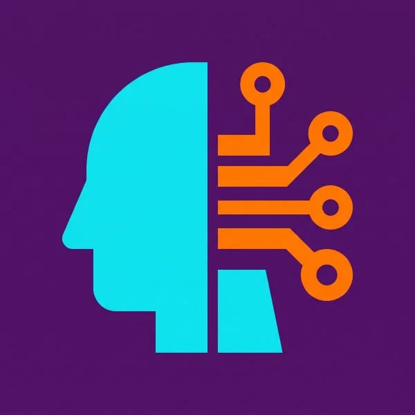 Ícone com fundo roxo escuro mostrando a silhueta em perfil de uma cabeça humana na cor ciano integrada a circuitos eletrônicos e caminhos de conexões na cor laranja, simbolizando inteligência artificial, neurolinguística e processos mentais tecnológicos