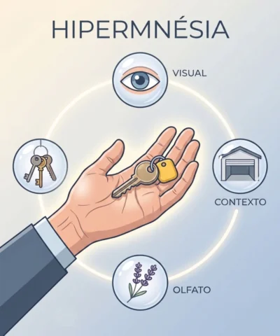 recuperar memória esquecida: Ilustração didática sobre hipermnésia mostrando uma mão estendida com uma chave amarela no centro, cercada por círculos que representam estímulos visuais, de contexto e olfativo